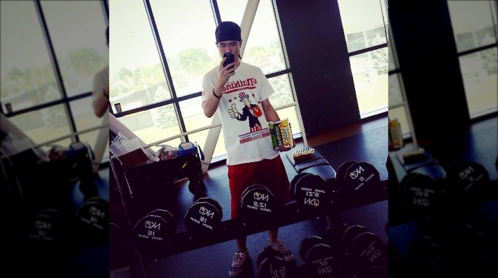 Matt Stonie with exercise equipment