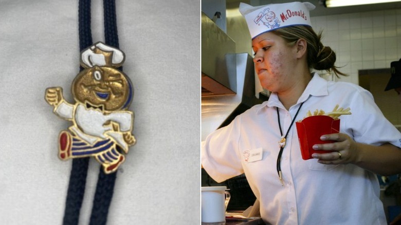 Left: Close-up of the McDonald's Speedee Bolo Tie, Right: A McDonald's worker in the 1955 look