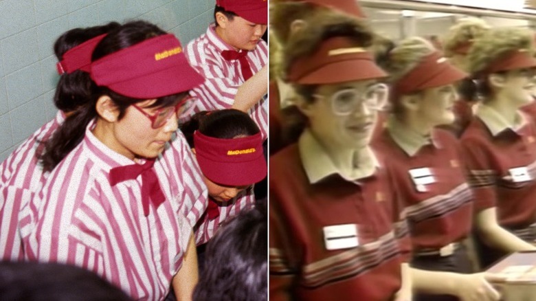 Left: McDonalds employees in striped button downs with bows, Right: McDonalds employees in polo stripe shirts in Moscow