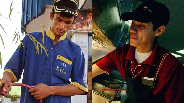 Left: McDonald's employee wearing a blue polo with a black baseball cap, Right: McDonald's employee wearing a red polo with a black baseball cap