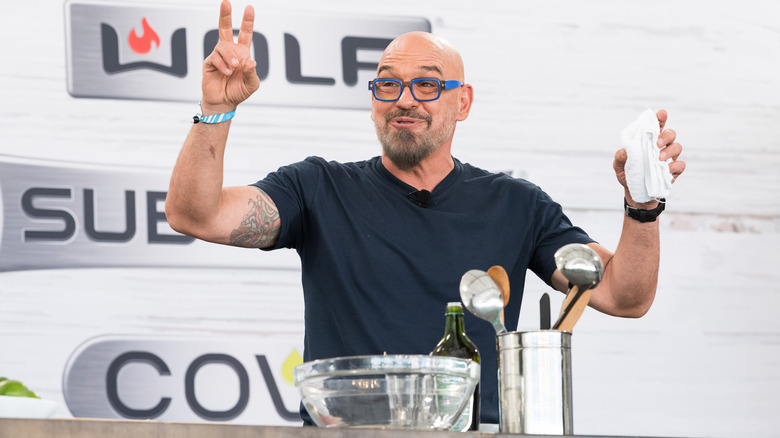 Michael Symon speaking during a cooking demonstration