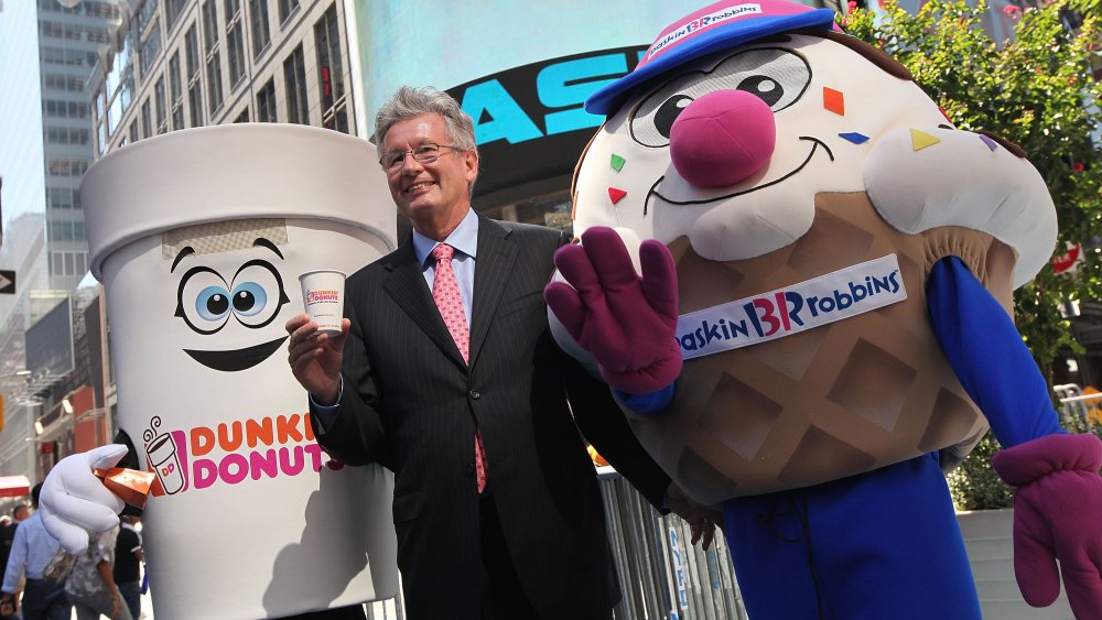 Dunkin' donuts and Baskin Robbins mascots outside NYSE