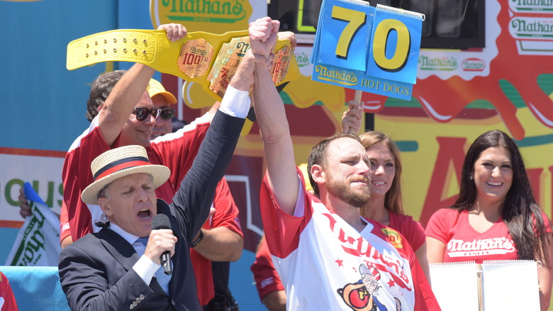 Joey Chestnut winning hot dog eating contest