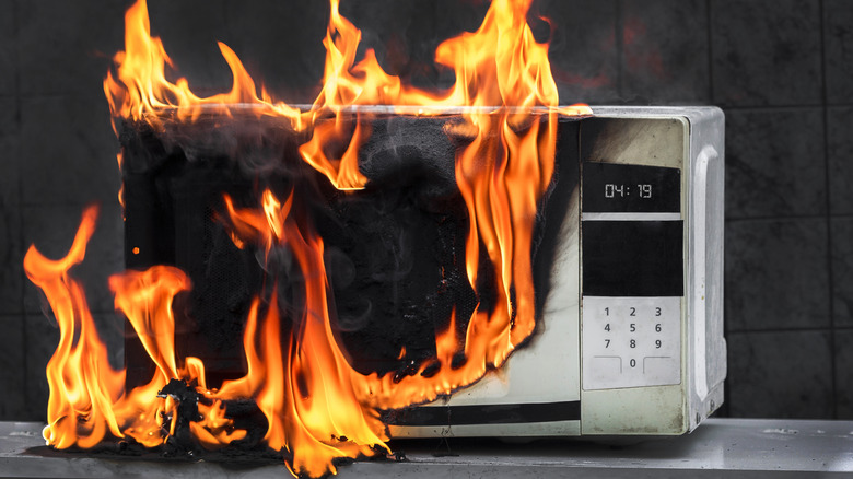 A microwave on fire