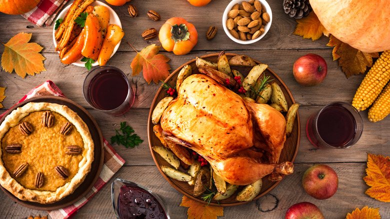 Thanksgiving dinner on wooden table