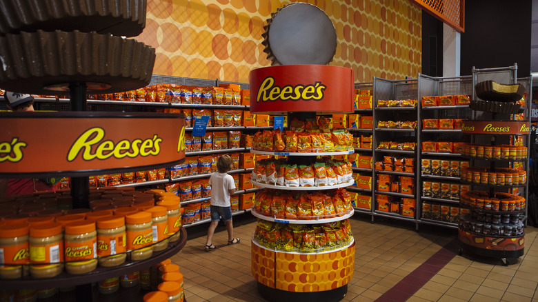 Kid in store with Reese's chocolate products