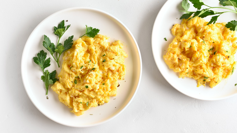 Scrambled eggs on a white plates with sprigs of fresh parsley