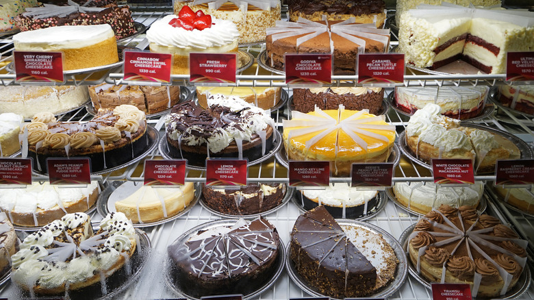 Rows of colorful Cheesecake Factory cheesecakes