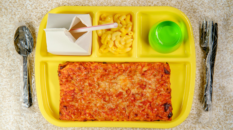 School lunch of milk, mac n cheese, pizza, and apple in tray