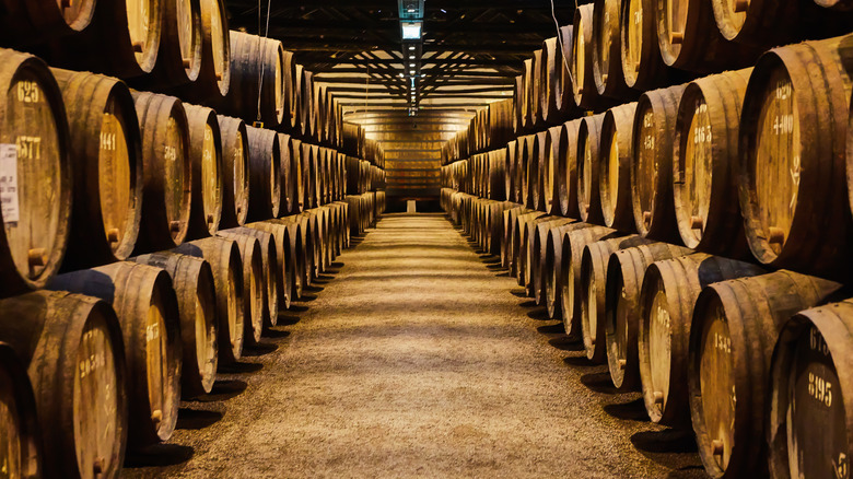 Wooden barrels with wine