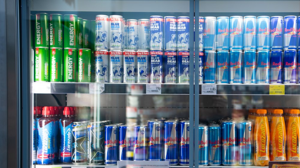 Energy drinks on display in a store