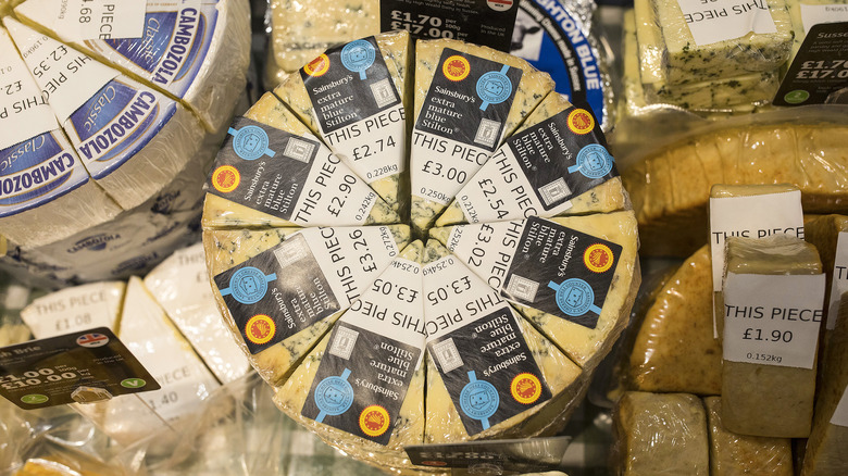 Stilton blue cheese at a market