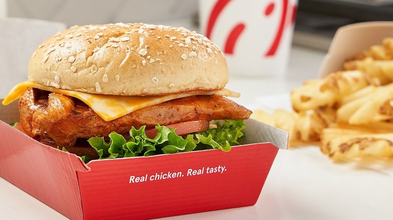 A grilled spicy deluxe chicken sandwich from Chick-fil-A