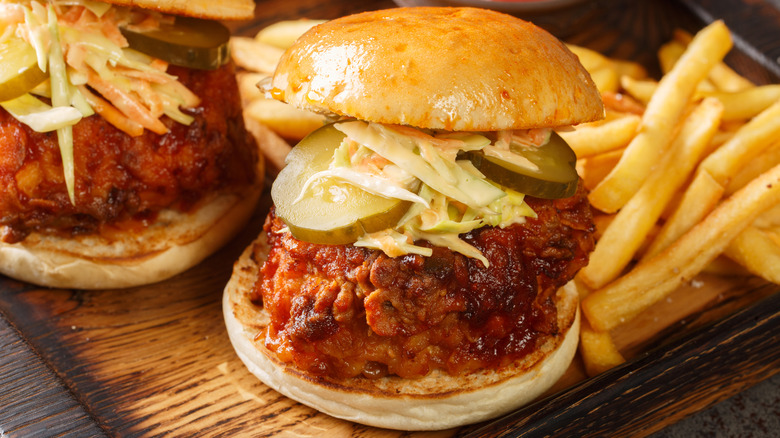 Hot chicken sandwich and fries