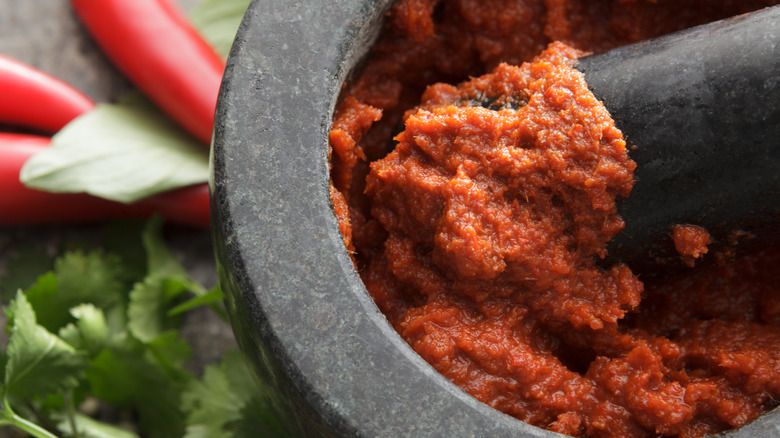 red curry paste in mortar