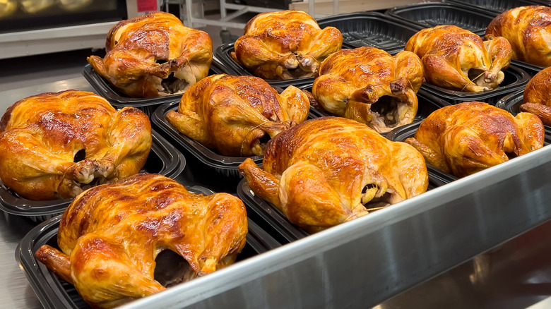 Costco rotisserie chickens on table