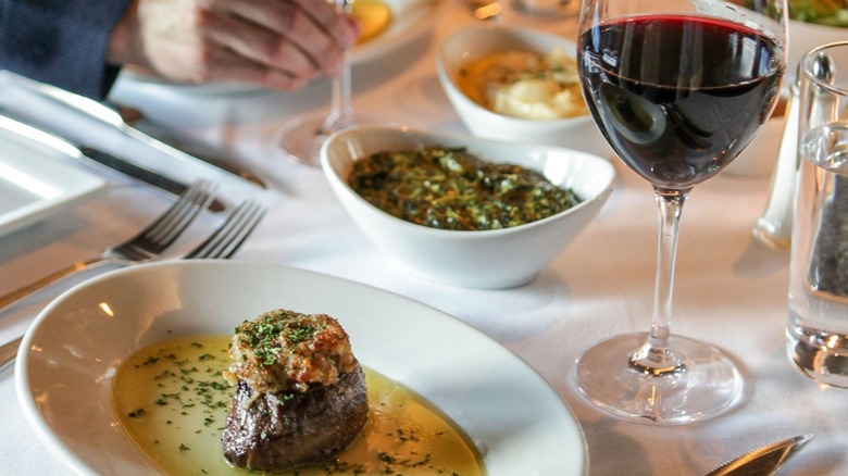 truffle-crusted filet, wine, and sides