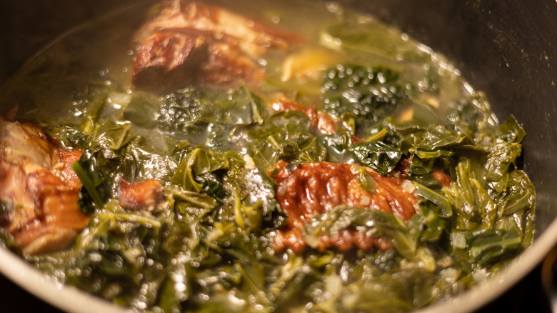 Pot of collard greens with meat