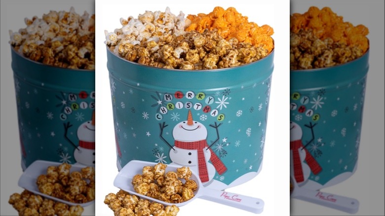 Christmas popcorn tin with full scoop