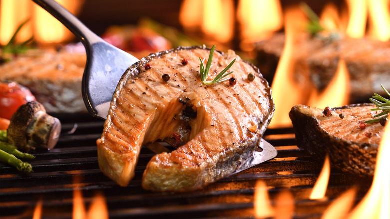 Salmon steaks on grill