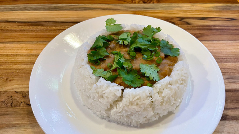 Beans inside rice bowl