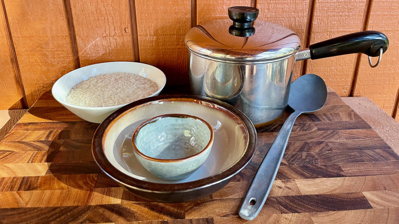 Pot, rice, and bowls