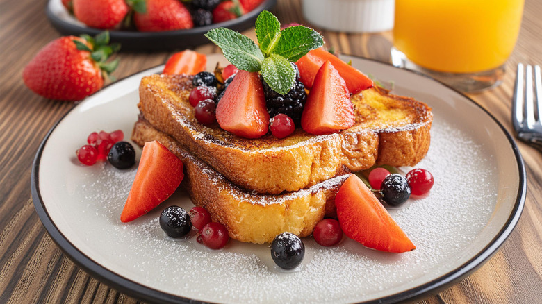 plate of French toast topped with berries and powdered sugar