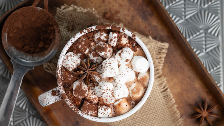 hot cocoa with marshmallows next to powdered cocoa mix