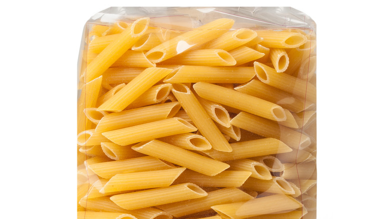 clear bag of penne pasta 