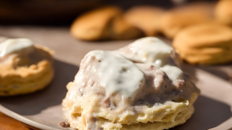 Biscuits and gravy on plate