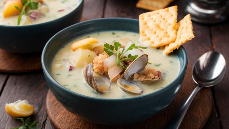 Bowl of clam chowder with crackers