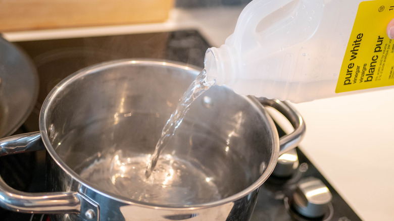 Vinegar being poured into pot of hot water