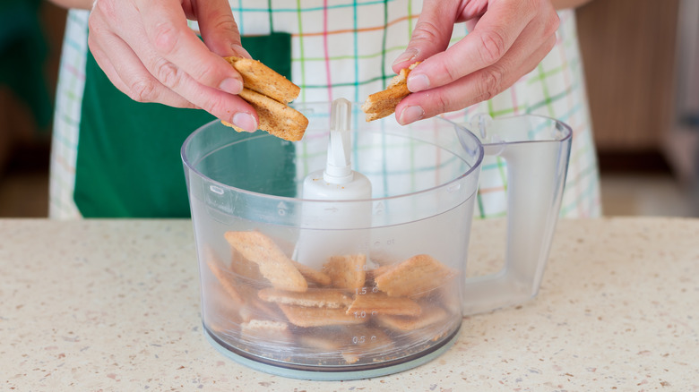 Person putting graham crackers into blender