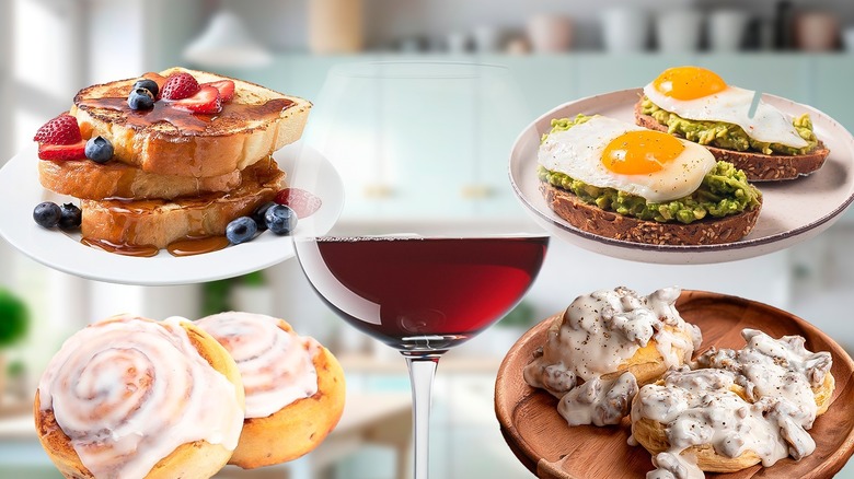 Breakfast foods surrounding glass of red wine