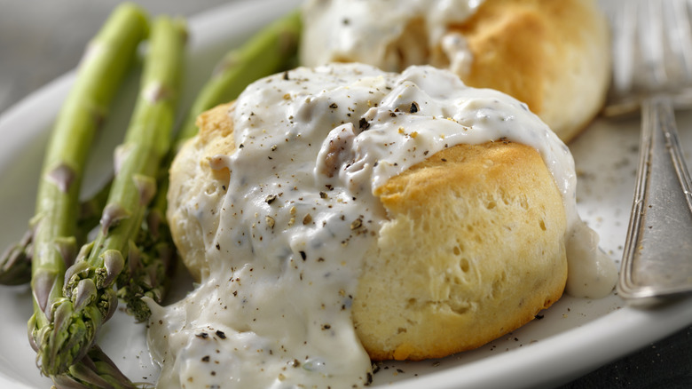 Biscuits and gravy on plate