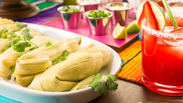 Tamales with strawberry margaritas