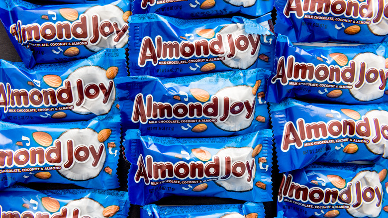 Close up of multiple Almond Joy candy bars