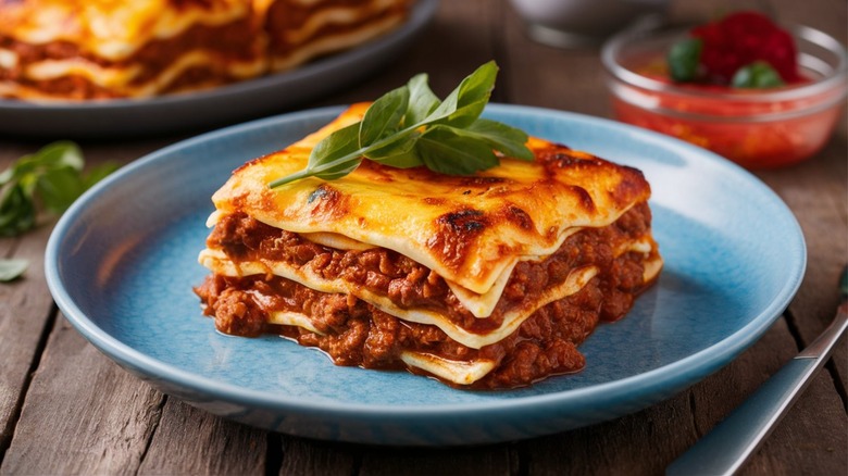 Piece of lasagna on plate