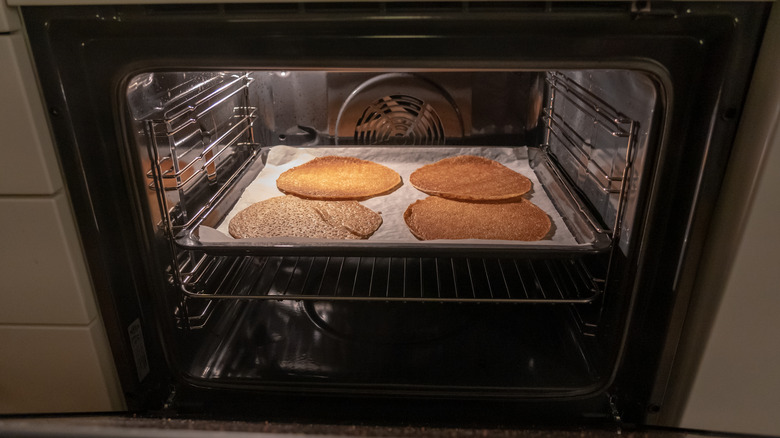 pancakes reheating in an oven