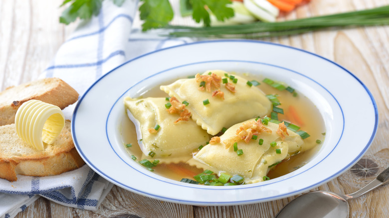 bowl of ravioli in broth