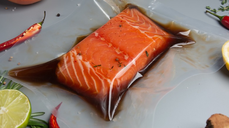 salmon and brown marinade in sealed sous vide bag