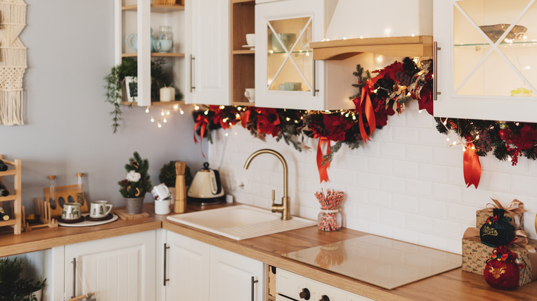 Clean kitchen decorated for the winter holidays