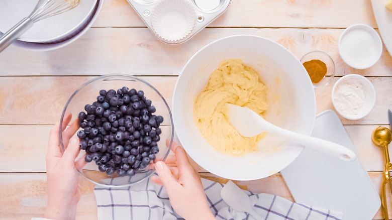 batter and bluebrries in bowls