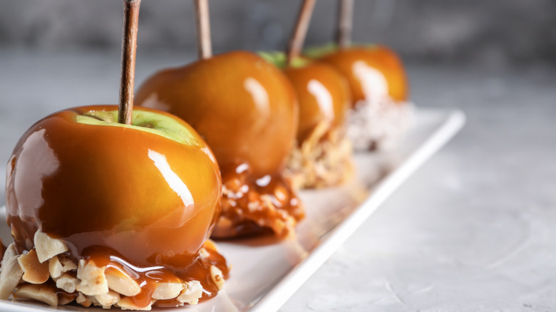 Caramel apples in row