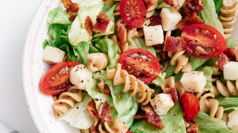 BLT pasta salad with cherry tomatoes 