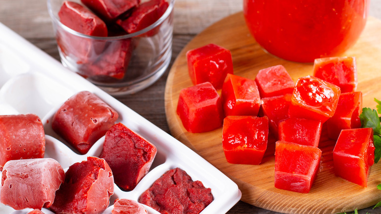 frozen ketchup in ice cube tray