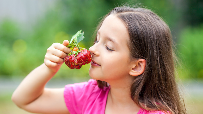 Girl sniffing strawberries