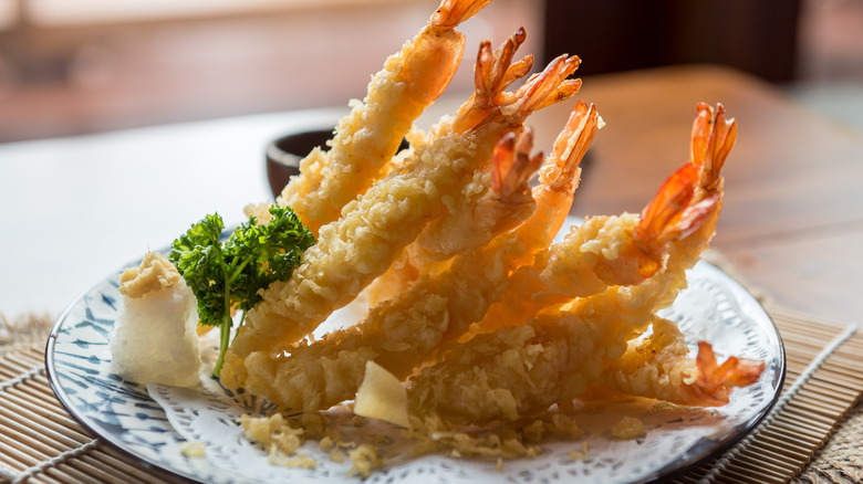 plated shrimp tempura with garnish