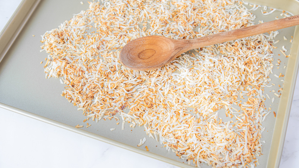 toasted coconut on a sheet pan