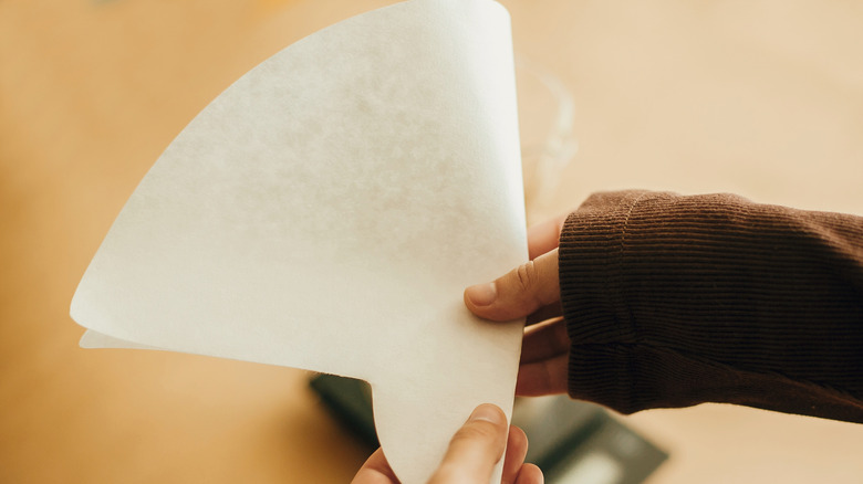 someone holding a folded coffee filter